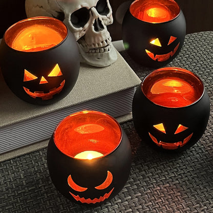 Halloween Table Decor Set of 6, Jack O Lanterns Black Glass Votive Tealight Candle Holders, Halloween Decorations Indoor Party Mantel Coffe Table Centerpiece Decor