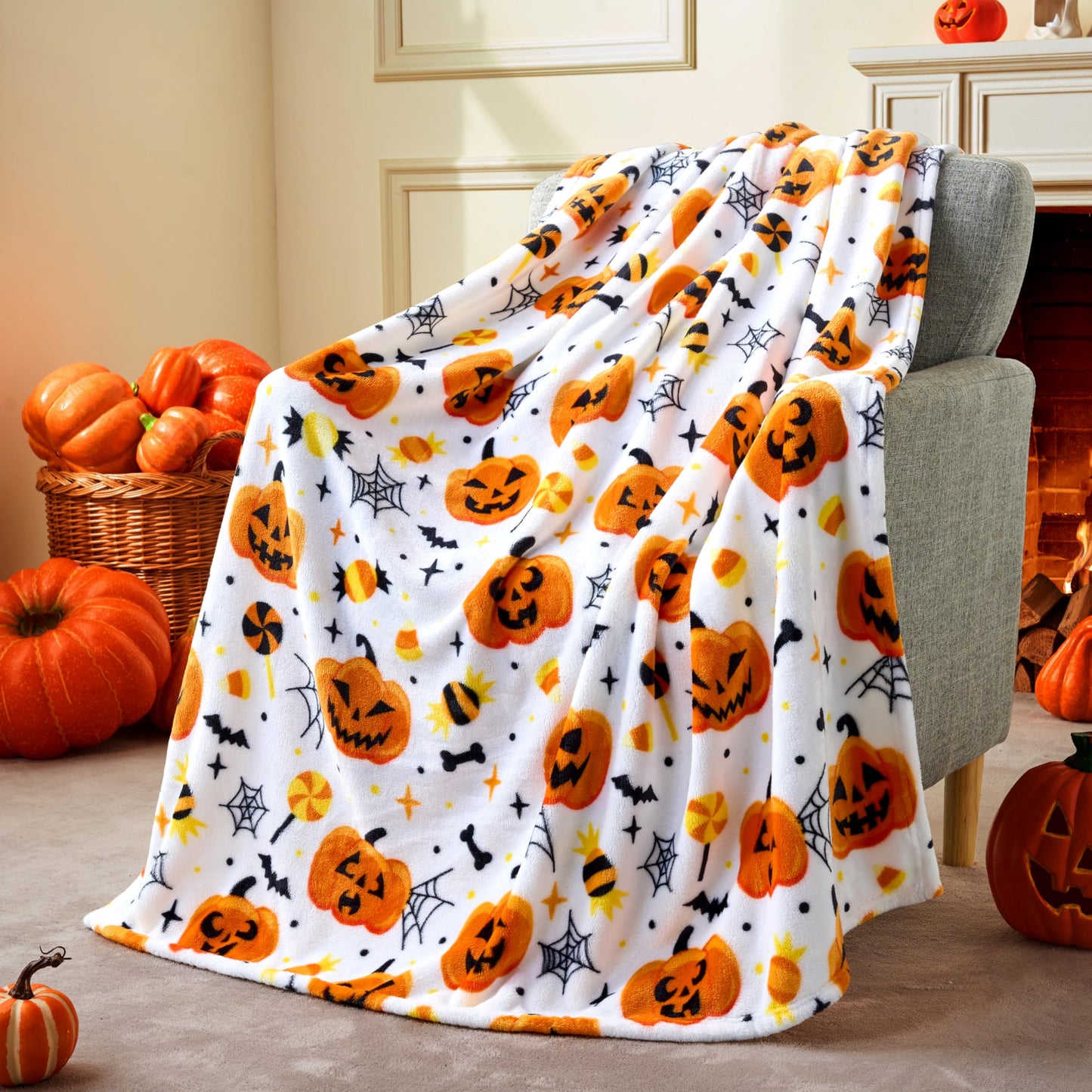 Joiedomi Halloween Throw Blanket - Soft Plush Spider Webs Bat Pumpkin Blanket - Cozy Flannel White Halloween Decoration for Party Sofa Bed Living Room 50"x60"