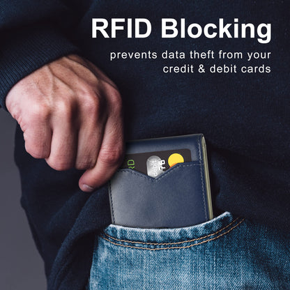 GSOIAX Mens Slim Wallet for Men Minimalist Genuine Leather Carbon Fiber Rfid Blocking Bifold Credit Card Holder With Gift Box (Dark Blue and Beige)