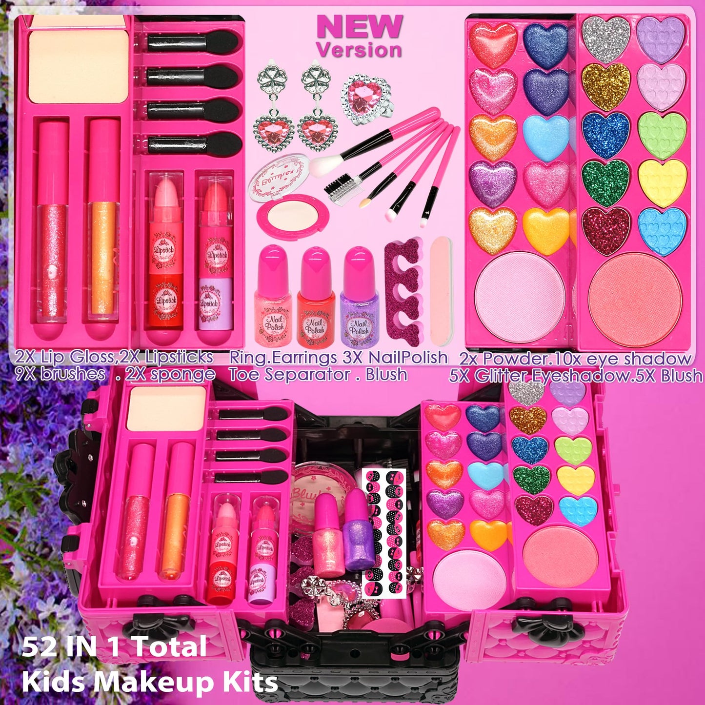 Kids Makeup Kit for Girl - 52 PCS Safe and Washable Makeup for Kids, Real Girls Makeup Kit, Toddler Makeup Kit with Cosmetic Case, Girls Toys Age 4-12, Princess Toys Birthday Gifts for Girls