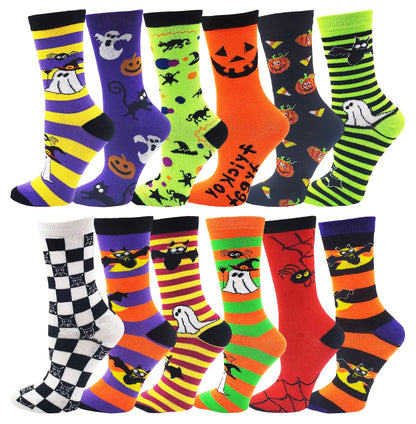 Halloween Socks for Women Girls, 12 Pairs Bats Pumpkins Ghosts Print, Colorful Pattern Novelty Cute