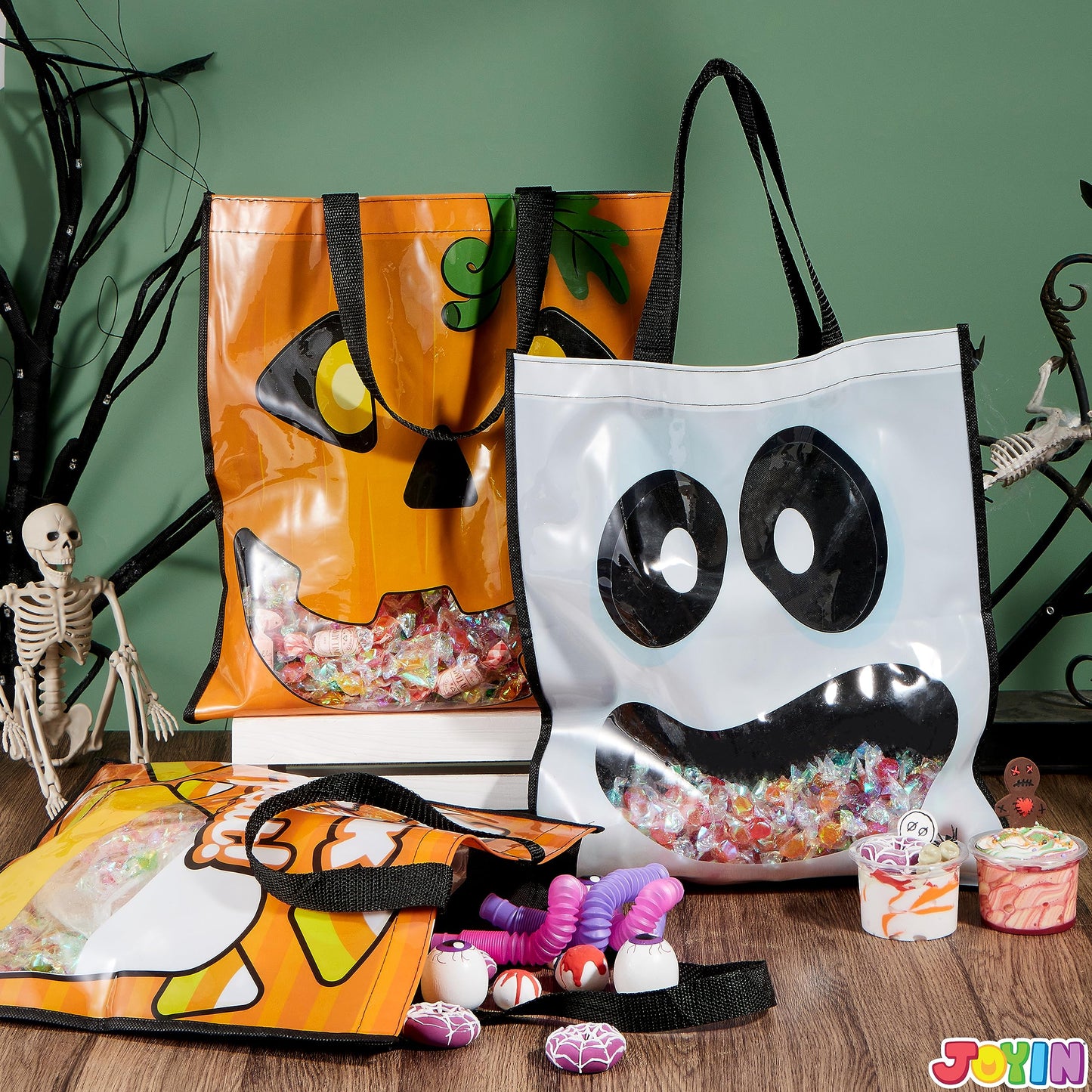 JOYIN 3 PCS Halloween Large Tote See-through Bags, 22.5” x 13.4” Halloween Goodie Candy Bags for Kids Trick or Treating, Grocery Shopping Gifts Tote with Handles, Classroom Party Favor Supplies