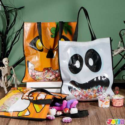 JOYIN 3 PCS Halloween Large Tote See-through Bags, 22.5” x 13.4” Halloween Goodie Candy Bags for Kids Trick or Treating, Grocery Shopping Gifts Tote with Handles, Classroom Party Favor Supplies