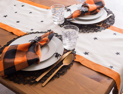 DII Halloween Tabletop Collection Bold Black Stars/Spooky Spider with Orange Border on Off-White Natural Background, Machine Washable, 14x72 Table Runner