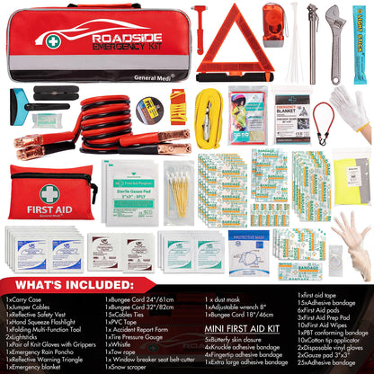 General Medi 127-Pieces Roadside Car Emergency Kit Include Mini First Aid Kit, Jumper Cables,Tow Rope, Bandage, Safety Vest, Emergency Triangle, All in One Pack