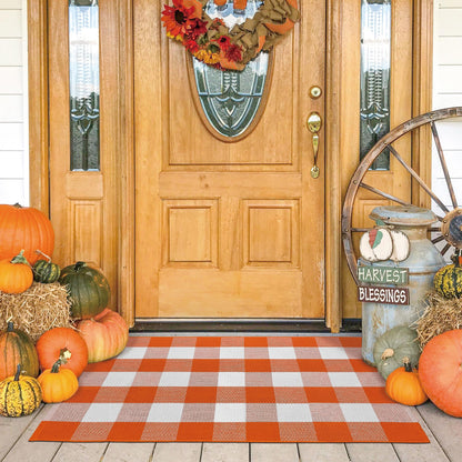 KOZYFLY Buffalo Plaid Rug 27.5x43 Inches Orange and White Checke Rug Halloween Fall Door Mat Cotton Washable Area Rugs Door Mat Outdoor Entrance for Front Porch Entryway Fall Farmhouse