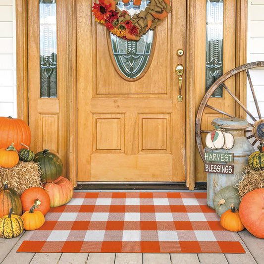KOZYFLY Buffalo Plaid Rug 27.5x43 Inches Orange and White Checke Rug Halloween Fall Door Mat Cotton Washable Area Rugs Door Mat Outdoor Entrance for Front Porch Entryway Fall Farmhouse