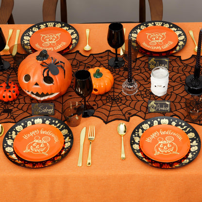 ISFANGCO 60 PCS Plastic Spoof Plates Set for 30 Guests-30 Black Dinner Plates with Gold Ghost Spider,30 Orange Dessert Plate with Gold Pumpkin Lantern
