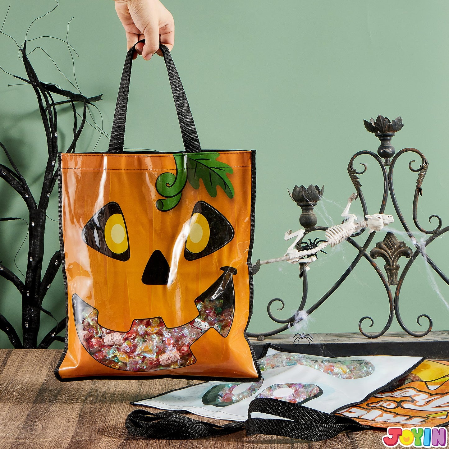 JOYIN 3 PCS Halloween Large Tote See-through Bags, 22.5” x 13.4” Halloween Goodie Candy Bags for Kids Trick or Treating, Grocery Shopping Gifts Tote with Handles, Classroom Party Favor Supplies
