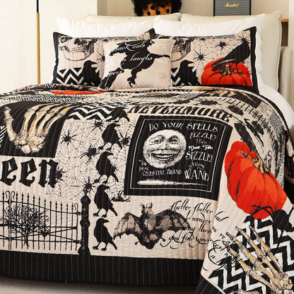 Cmfshape Halloween Bedspread,Black Quilt Set Queen Size,Pumpkin Ghost Festival Themed Bedding Set,Decorative Quilted 4 Piece Coverlet Set with 3 Pillow Shams(Black,Queen90 x90)