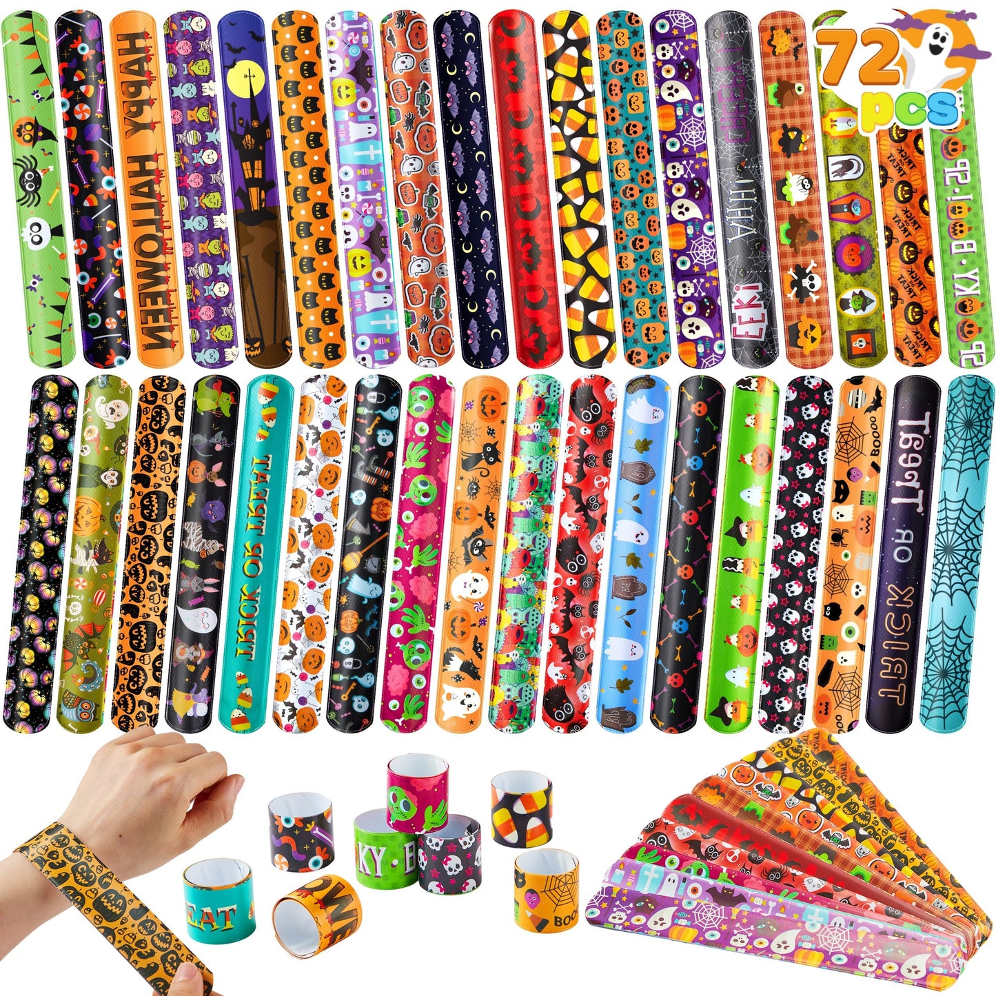 JOYIN 72 PCS Halloween Slap Bracelets for Kids Gift, 36 Different Design Bracelets Bulk for Halloween Party Favor Supplies, Friendship Bracelets for Halloween Goodie Bag Fillers