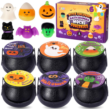 JOYIN Halloween Witch Cauldron Themed Bath Bomb with Mochi Squishy Toy, 6 Packs Bubble Kids Bath Bombs with Surprise Toy Inside, Trick or Treating, Halloween Party Favors Supplies, Goodie Bag Stuffers