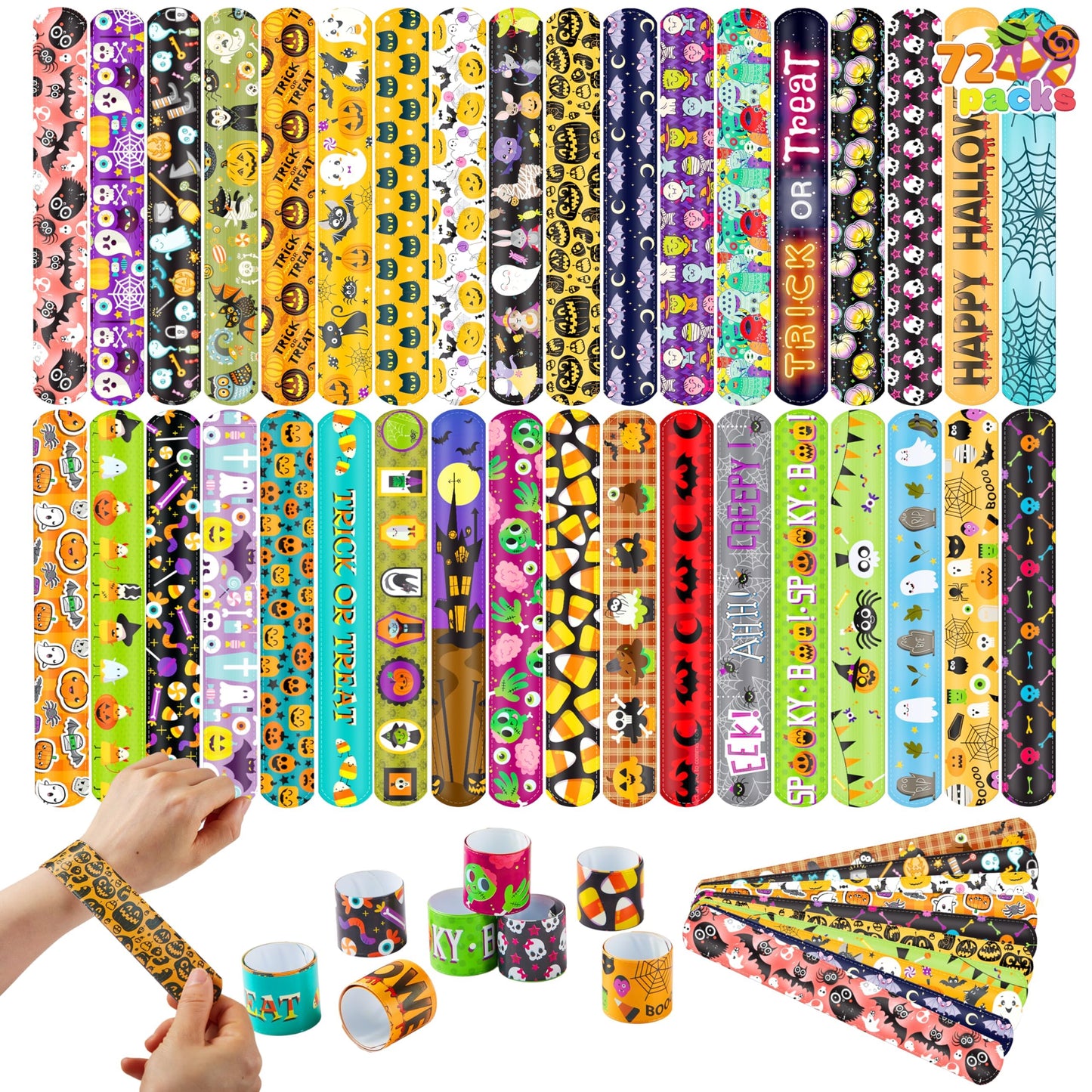 JOYIN 72 PCS Halloween Slap Bracelets for Kids Gift, 36 Different Design Bracelets Bulk for Halloween Party Favor Supplies, Friendship Bracelets for Halloween Goodie Bag Fillers