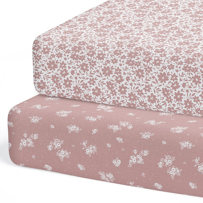 Crib Sheets Neutral - Fitted Baby Crib Sheets Bed for Girl Boy - 2 Pack Standard & Toddler Mattress (Antique Rose) - Buttery Soft Organic Cotton Blend