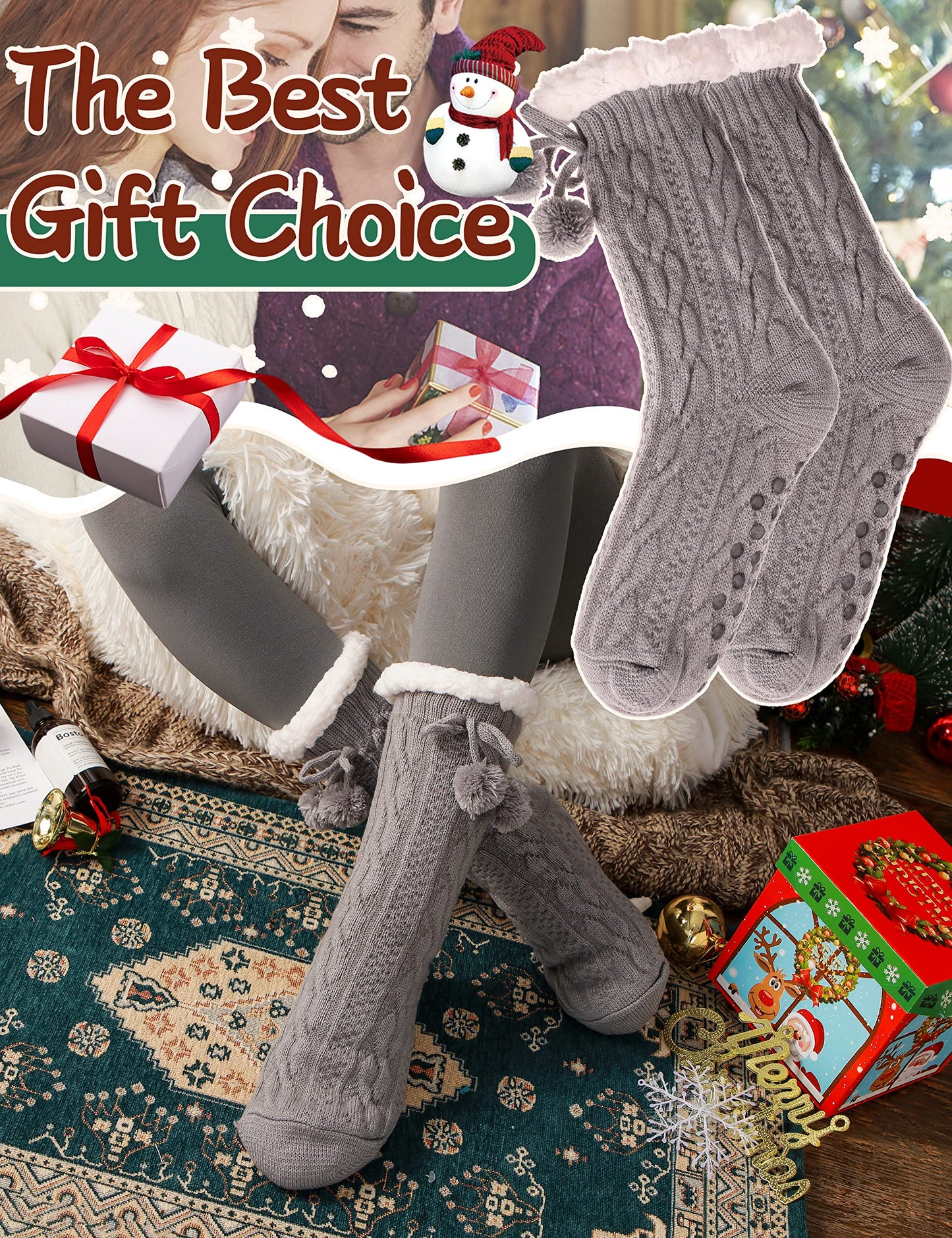 Fuzzy Socks for Women Slipper Fluffy Cozy Cabin Winter Warm Soft Fleece Comfy Thick Christmas Socks Grips Non Slip Stocking Stuffers for Women Teen Girls Wife Christmas Birthday Gifts(Ball Grey)