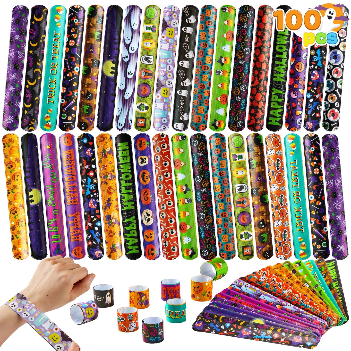 JOYIN 100 PCS Halloween Slap Bracelets for Kids, Halloween Bracelets Bulk for Girls Boys Gifts, Friendship Bracelets Snap Bracelets for Halloween Party Favors Goodie Bag Fillers