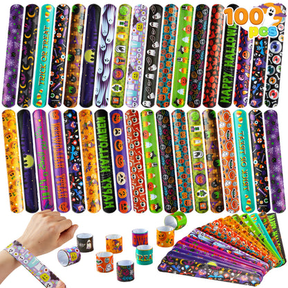 JOYIN 100 PCS Halloween Slap Bracelets for Kids, Halloween Bracelets Bulk for Girls Boys Gifts, Friendship Bracelets Snap Bracelets for Halloween Party Favors Goodie Bag Fillers