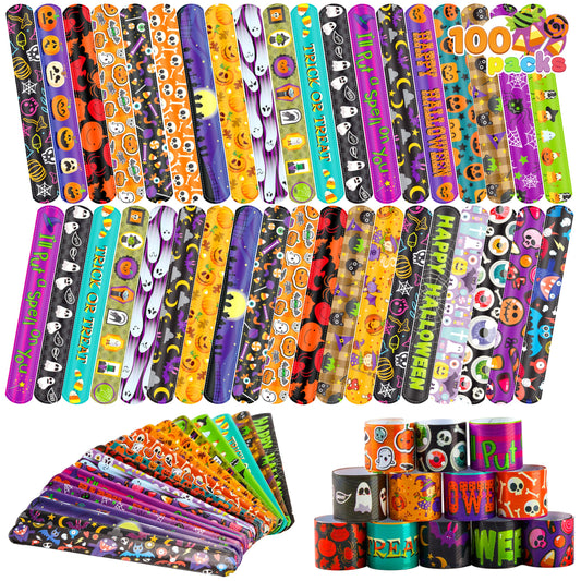 JOYIN 100 PCS Halloween Slap Bracelets for Kids, Halloween Bracelets Bulk for Girls Boys Gifts, Friendship Bracelets Snap Bracelets for Halloween Party Favors Goodie Bag Fillers