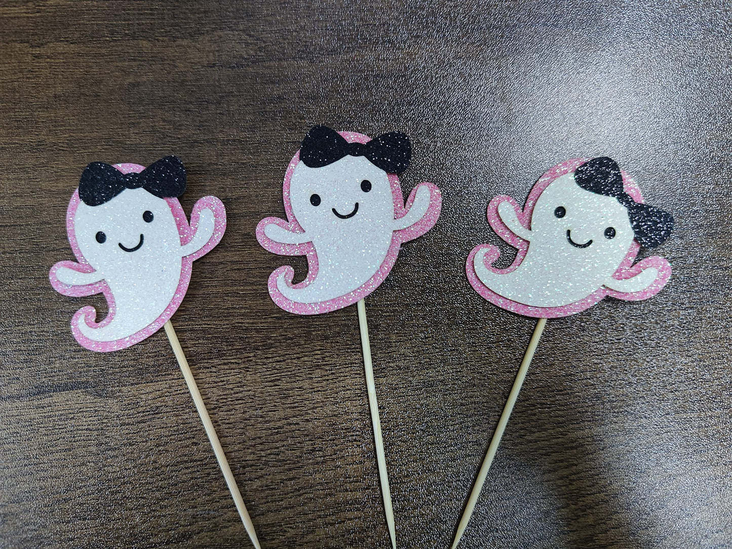 Ghost Cupcake Toppers Pink Glitter, Halloween Ghost Birthday Baby Shower Cupcake Toppers Ghost Food Cupcake Picks for Pink Halloween Baby Shower Birthday Party Cake Supplies - 24Pcs