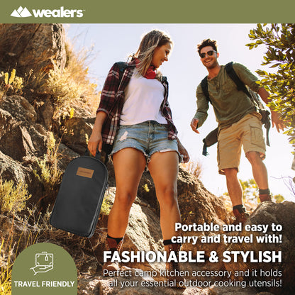 12 Piece Camp Kitchen Cooking Utensil Set Travel Organizer Grill Accessories Compact Gear for Backpacking BBQ Camping Hiking and Travel Black