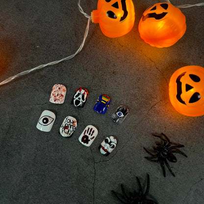 Halloween Short Press on Nails Square Fake Nails Scary Movie Characters Bloody Halloween Glue on Nails False Nails with Designs Holiday Halloween Manicure Art Decorations for Women 24Pcs