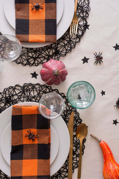 DII Halloween Tabletop Collection Bold Black Stars/Spooky Spider with Orange Border on Off-White Natural Background, Machine Washable, 52x52 Tablecloth