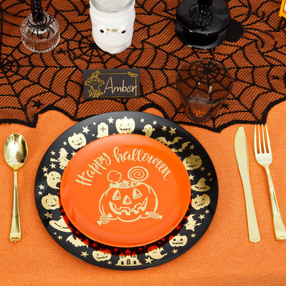 ISFANGCO 60 PCS Plastic Spoof Plates Set for 30 Guests-30 Black Dinner Plates with Gold Ghost Spider,30 Orange Dessert Plate with Gold Pumpkin Lantern
