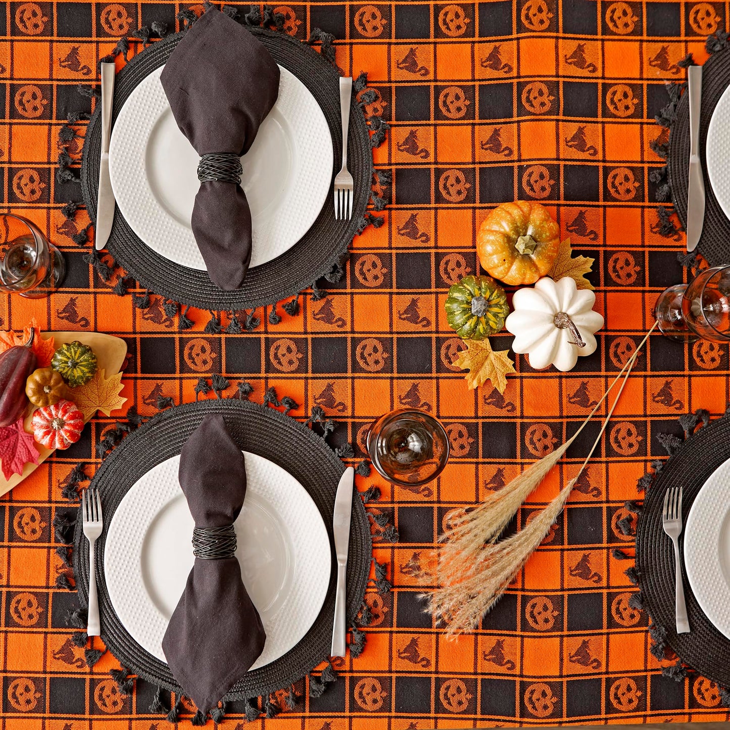 DII Halloween Party Tabletop Decor, Reusable & Machine Washable Cotton Fabric, Tablecloth, 60x84, Orange & Black Buffalo Check