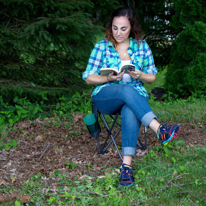 GCI OUTDOOR Quik-E-Seat | Portable, Folding Tripod Chair with Drink Holder and Padded Lumbar Support, Perfect for Sitting Anywhere — Midnight