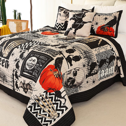 Cmfshape Halloween Bedspread,Black Quilt Set Queen Size,Pumpkin Ghost Festival Themed Bedding Set,Decorative Quilted 4 Piece Coverlet Set with 3 Pillow Shams(Black,Queen90 x90)