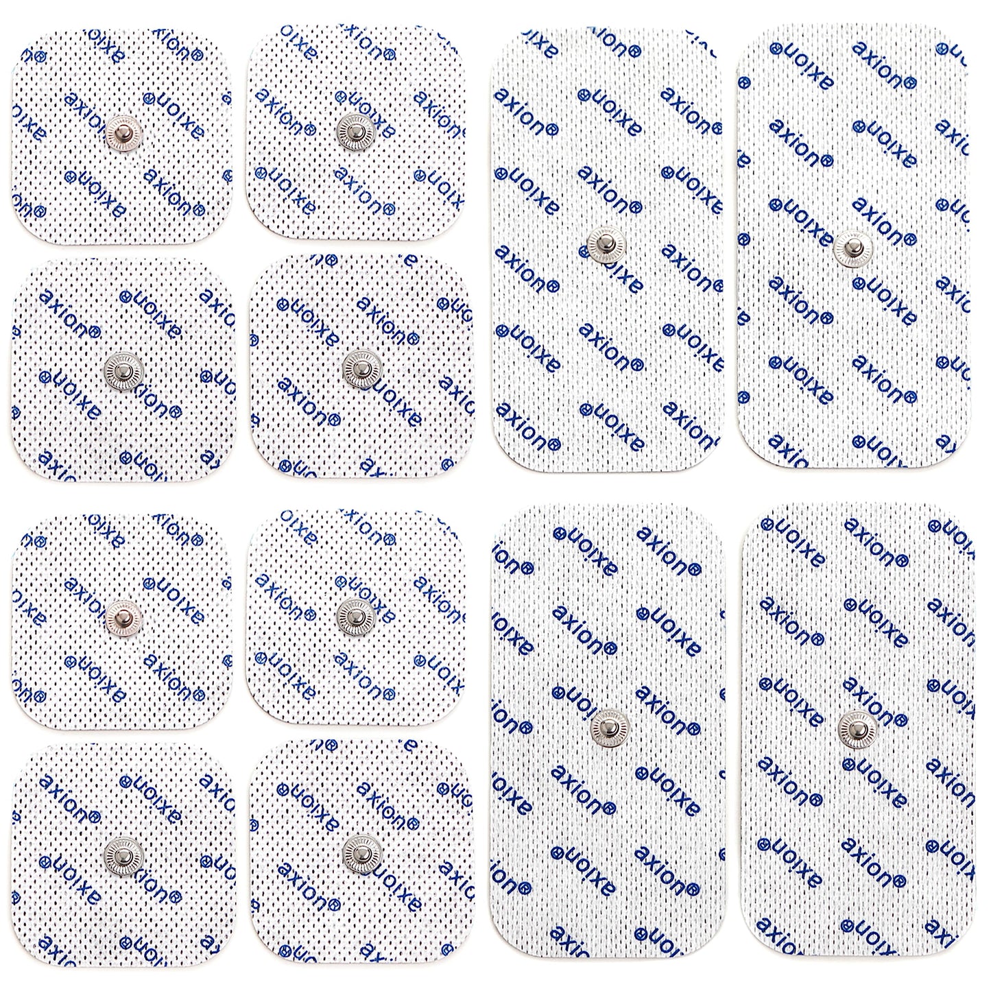 12 axion TENS Unit Electrode Pads Mix Set - 8 Square 2x2'' and 4 Rectangular 4x2'' Replacement Pads with 3,5mm Snap Button for TENS Machines and Muscle Stimulators | Reusable Self-Adhesive Electrodes