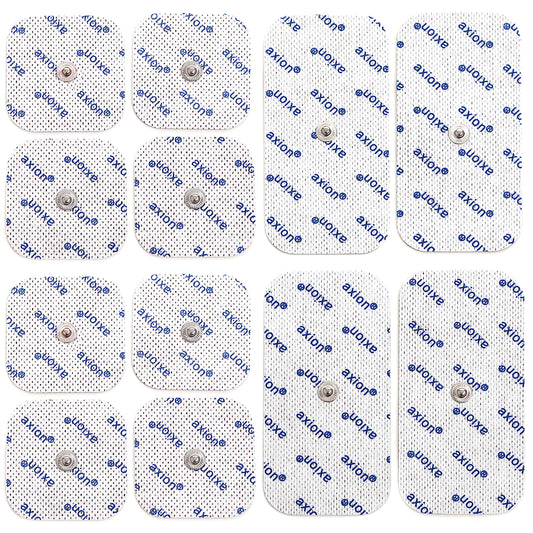 12 axion TENS Unit Electrode Pads Mix Set - 8 Square 2x2'' and 4 Rectangular 4x2'' Replacement Pads with 3,5mm Snap Button for TENS Machines and Muscle Stimulators | Reusable Self-Adhesive Electrodes