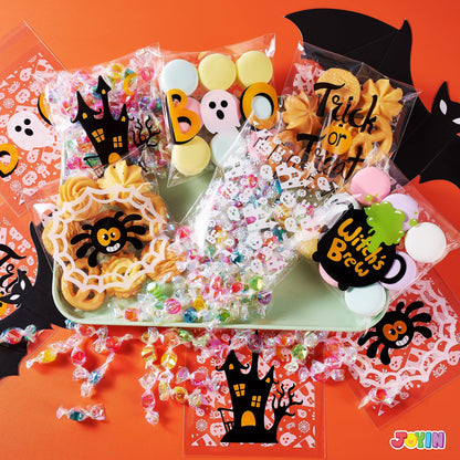 JOYIN 150 PCS Halloween Cellophane Treat Bags, Self Adhesive Clear Cookie and Candy Bags for Kids Trick or Treating, Small Goodie Gift Ziplock Bag Bulk for Halloween Party Favors Supplies in 6 Designs